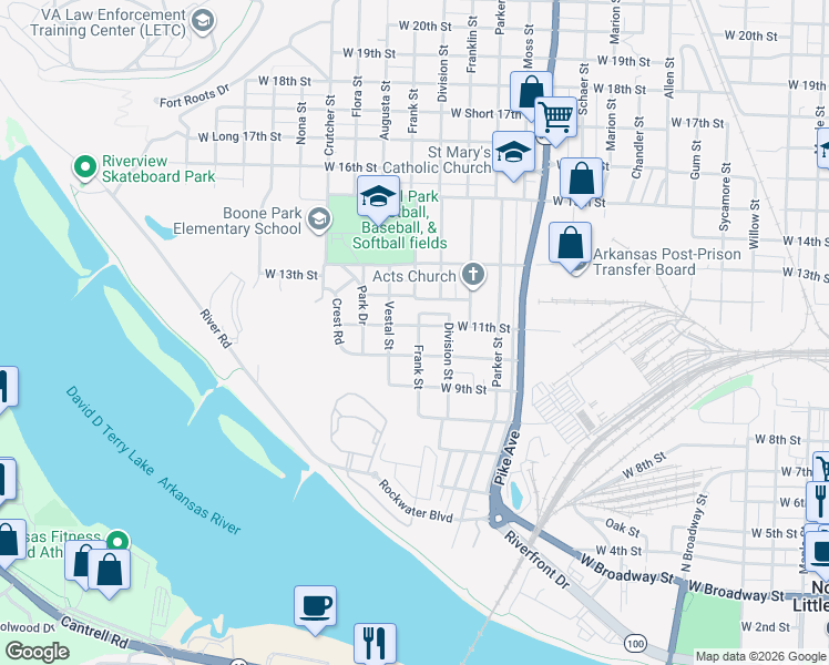 map of restaurants, bars, coffee shops, grocery stores, and more near 1407 West 10th Street in North Little Rock