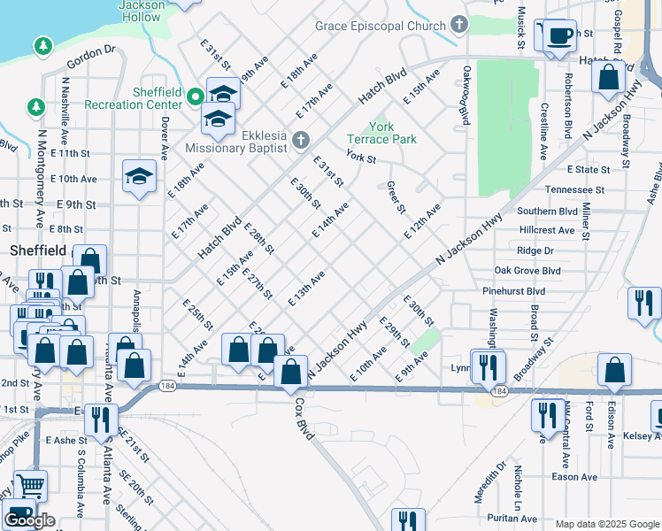 map of restaurants, bars, coffee shops, grocery stores, and more near 2902 East 13th Avenue in Sheffield
