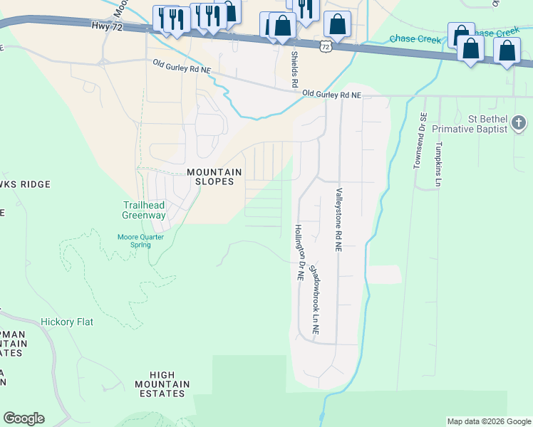 map of restaurants, bars, coffee shops, grocery stores, and more near 148 Hollington Drive Northeast in Huntsville