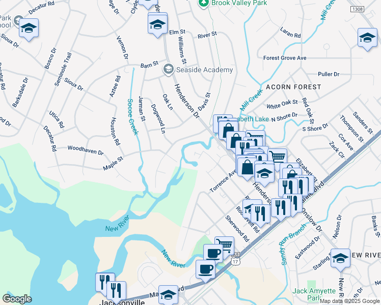 map of restaurants, bars, coffee shops, grocery stores, and more near 329 Richlands Avenue in Jacksonville
