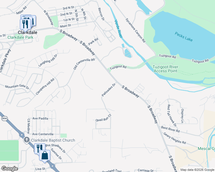 map of restaurants, bars, coffee shops, grocery stores, and more near 671 Palisades Dr in Clarkdale