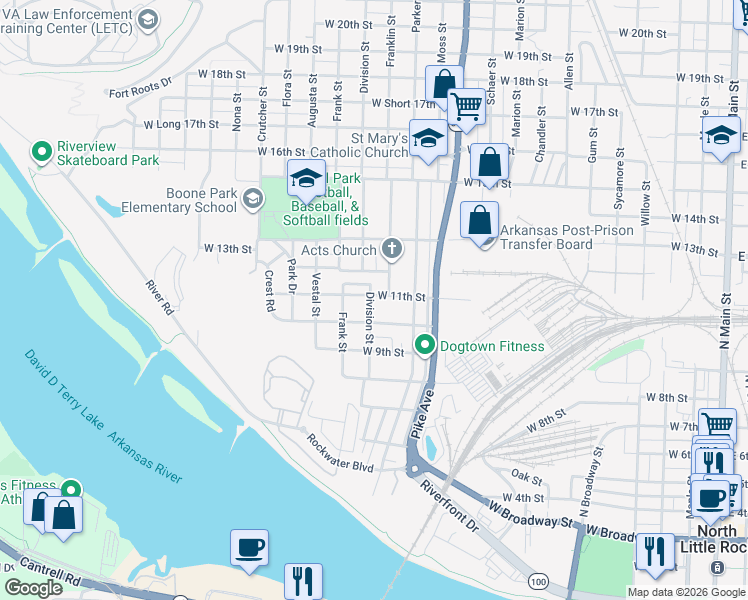 map of restaurants, bars, coffee shops, grocery stores, and more near 1238 West 11th Street in North Little Rock