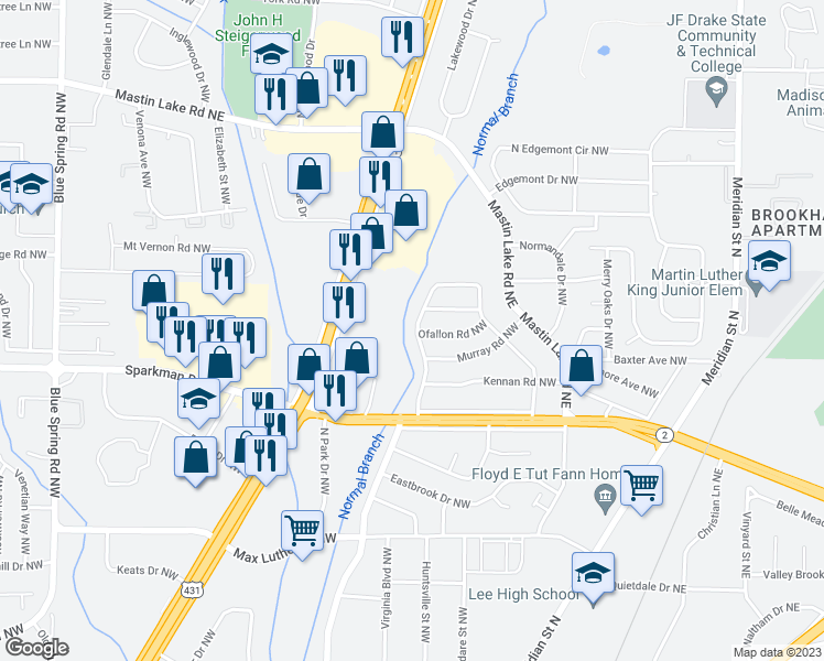 map of restaurants, bars, coffee shops, grocery stores, and more near 620 Murray Road Northwest in Huntsville