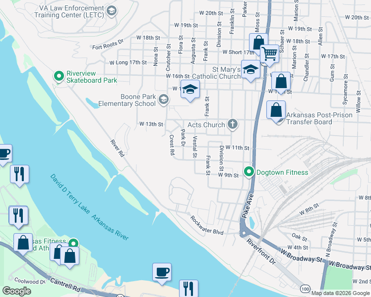 map of restaurants, bars, coffee shops, grocery stores, and more near 1000 Park Drive in North Little Rock