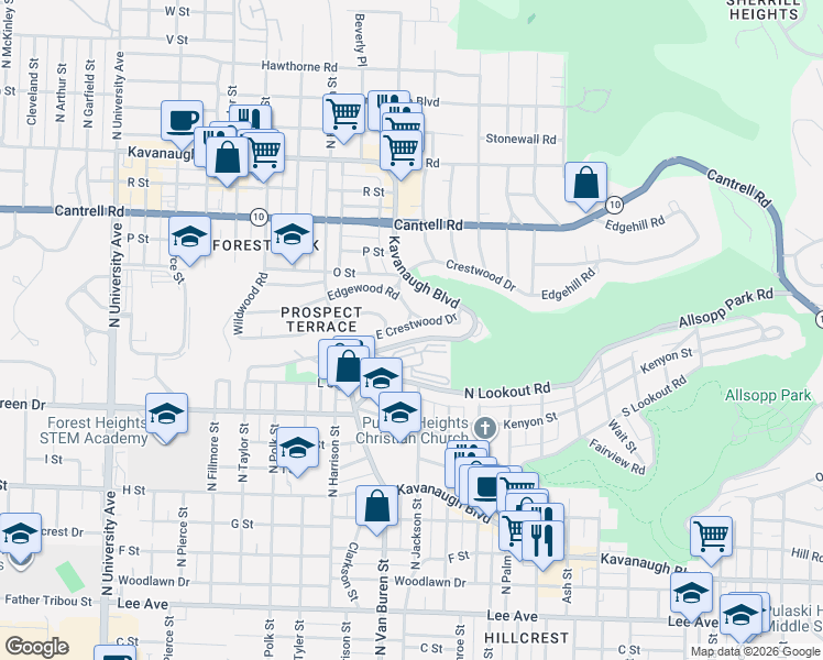 map of restaurants, bars, coffee shops, grocery stores, and more near 3800 Kavanaugh Boulevard in Little Rock