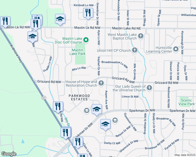 map of restaurants, bars, coffee shops, grocery stores, and more near 4801 Grizzard Road Northwest in Huntsville