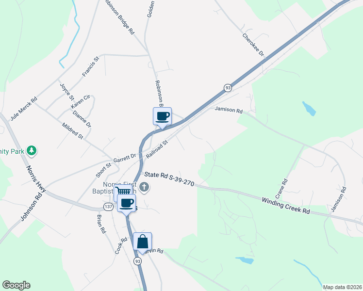map of restaurants, bars, coffee shops, grocery stores, and more near 121 Old Schoolhouse Road in Liberty