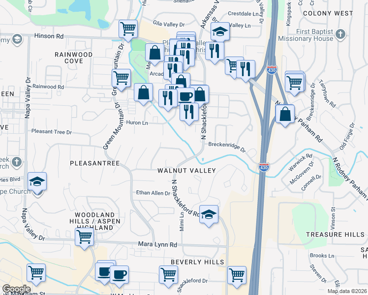 map of restaurants, bars, coffee shops, grocery stores, and more near 2 Cobble Hill Road in Little Rock