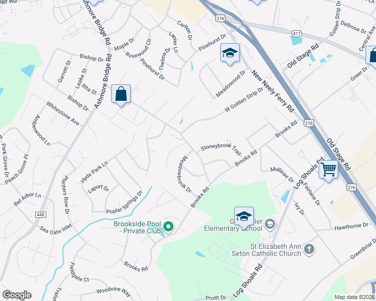 map of restaurants, bars, coffee shops, grocery stores, and more near 103 Meadowbrook Drive in Mauldin