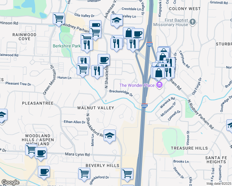 map of restaurants, bars, coffee shops, grocery stores, and more near 1206 Kings Mountain Drive in Little Rock