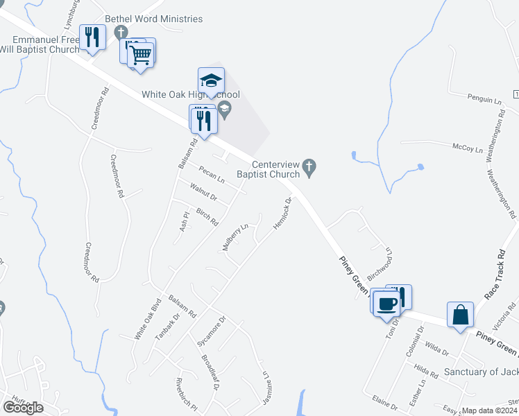 map of restaurants, bars, coffee shops, grocery stores, and more near 136 Basswood Court in Jacksonville