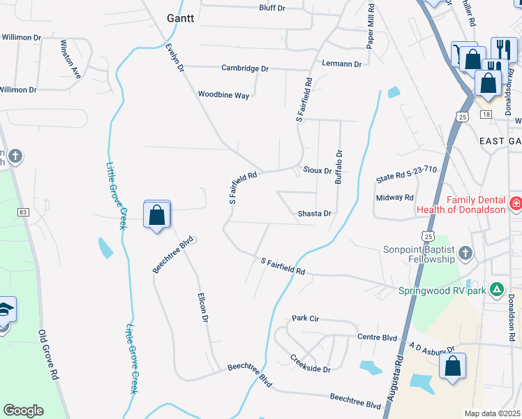 map of restaurants, bars, coffee shops, grocery stores, and more near 82 A South Fairfield Road in Greenville