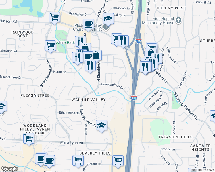 map of restaurants, bars, coffee shops, grocery stores, and more near 1206 Kings Mountain Drive in Little Rock