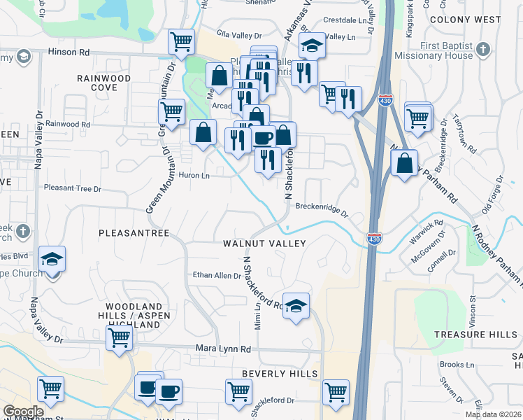 map of restaurants, bars, coffee shops, grocery stores, and more near 2 Cobble Hill Road in Little Rock