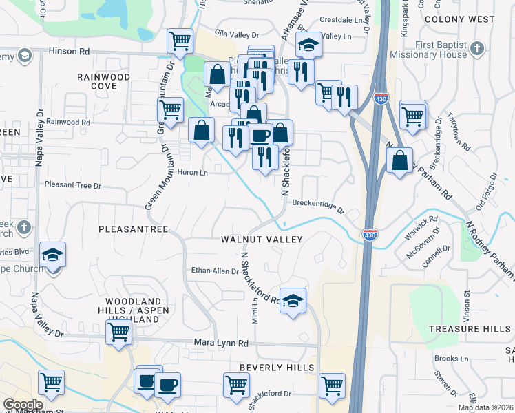 map of restaurants, bars, coffee shops, grocery stores, and more near 2 Cobble Hill Road in Little Rock