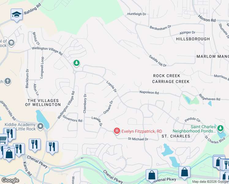 map of restaurants, bars, coffee shops, grocery stores, and more near 14201 Orleans Drive in Little Rock