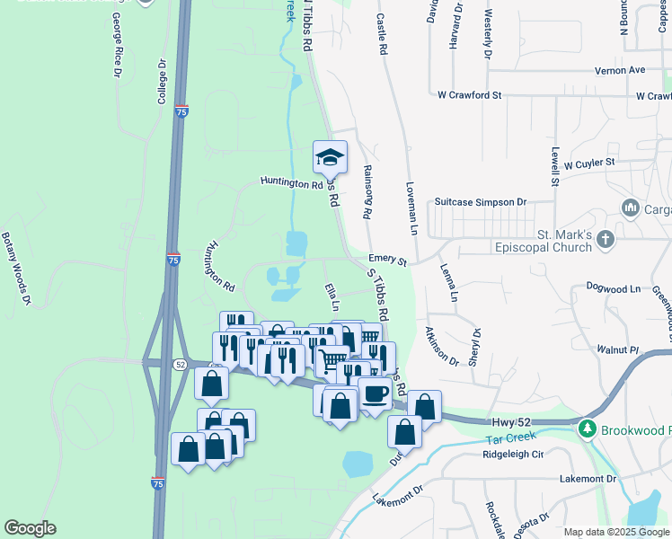 map of restaurants, bars, coffee shops, grocery stores, and more near 100-106 Ella Lane in Dalton