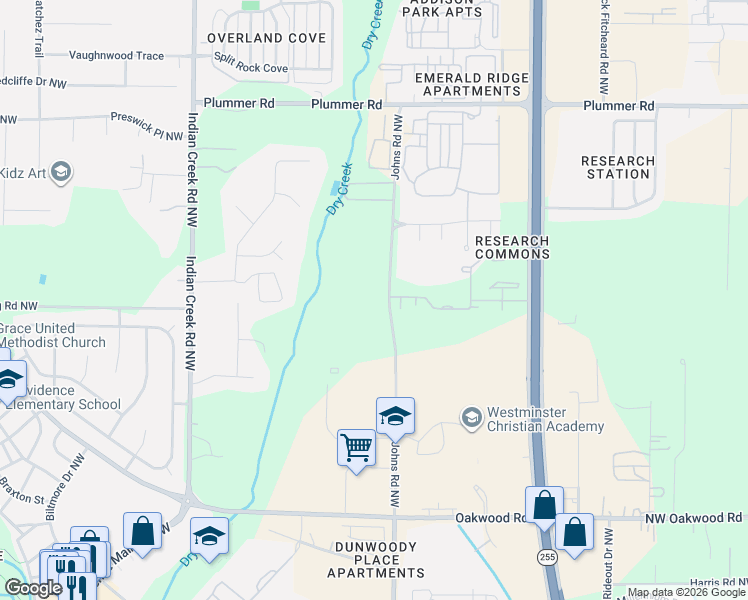 map of restaurants, bars, coffee shops, grocery stores, and more near 390 Johns Road Northwest in Huntsville