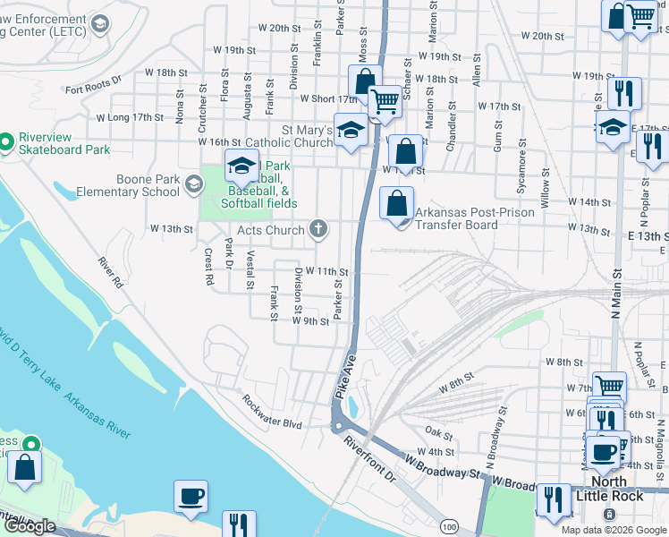 map of restaurants, bars, coffee shops, grocery stores, and more near 1120 Franklin Street in North Little Rock