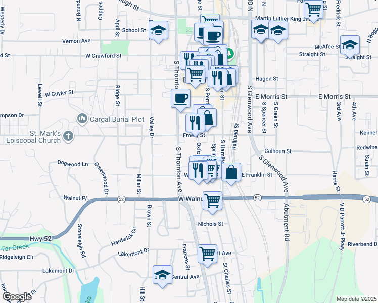 map of restaurants, bars, coffee shops, grocery stores, and more near 309 West Emery Street in Dalton