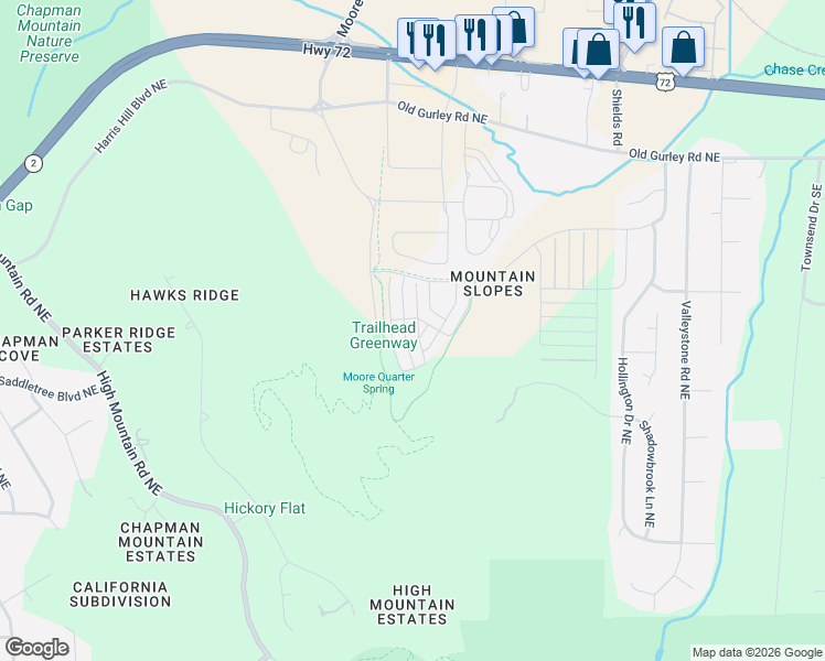 map of restaurants, bars, coffee shops, grocery stores, and more near 1509 Shimano Street in Huntsville