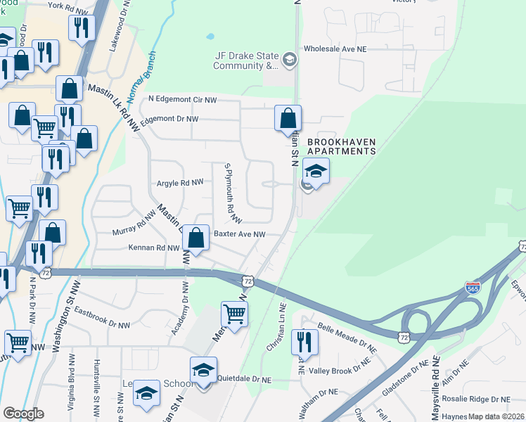 map of restaurants, bars, coffee shops, grocery stores, and more near 202 South Plymouth Road Northwest in Huntsville
