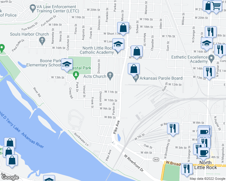 map of restaurants, bars, coffee shops, grocery stores, and more near 1120 Franklin Street in North Little Rock