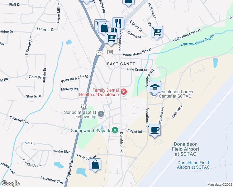 map of restaurants, bars, coffee shops, grocery stores, and more near 407 Donaldson Road in Greenville