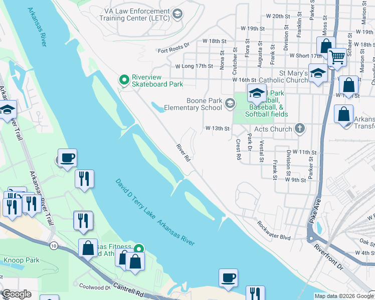 map of restaurants, bars, coffee shops, grocery stores, and more near 5 Esplanade Circle in North Little Rock