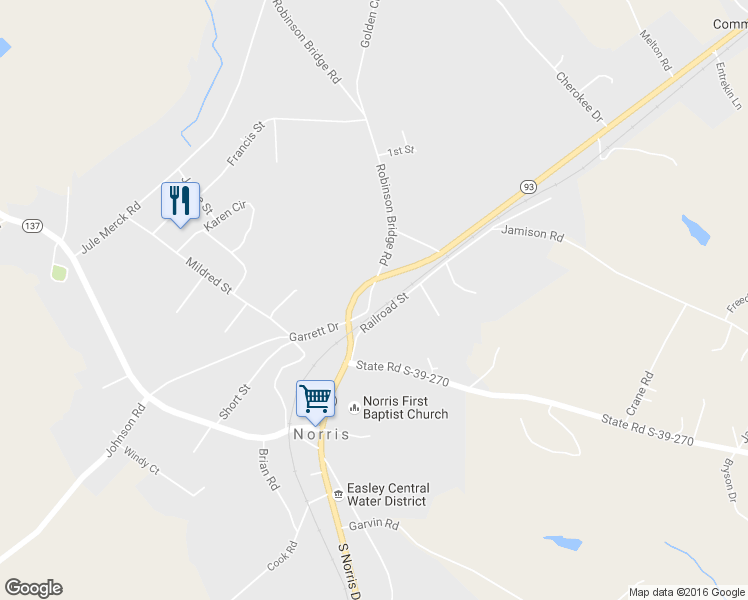 map of restaurants, bars, coffee shops, grocery stores, and more near 120 Depot Street in Norris