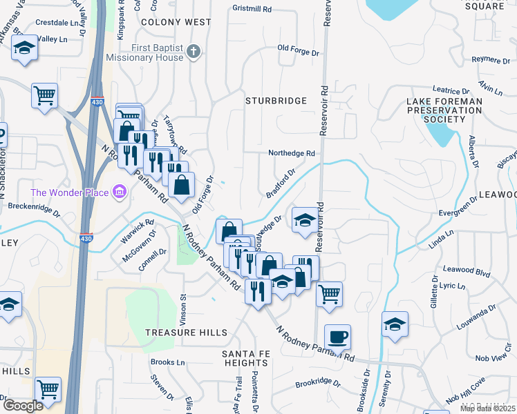 map of restaurants, bars, coffee shops, grocery stores, and more near 4 Bradford Court in Little Rock