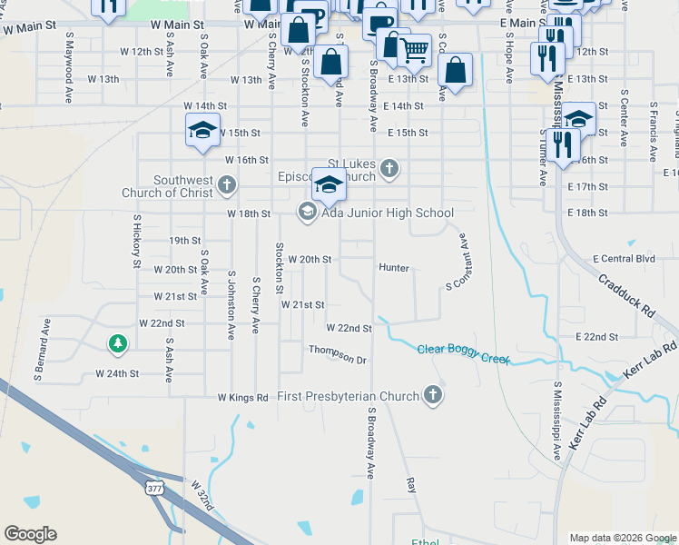 map of restaurants, bars, coffee shops, grocery stores, and more near 1025 South Townsend Drive in Ada