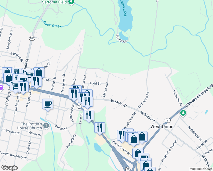 map of restaurants, bars, coffee shops, grocery stores, and more near 227 Todd Street in Walhalla