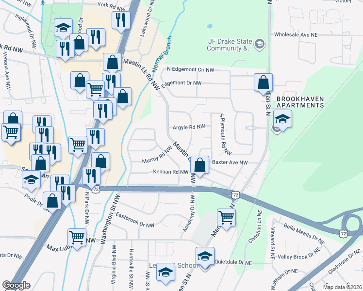 map of restaurants, bars, coffee shops, grocery stores, and more near 3107 Normandale Drive Northwest in Huntsville