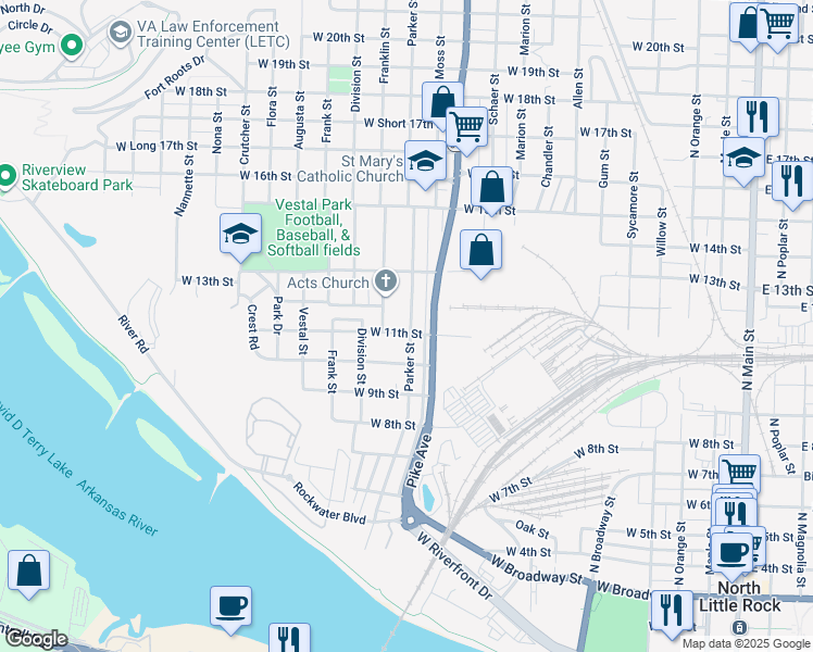 map of restaurants, bars, coffee shops, grocery stores, and more near 1120 Franklin Street in North Little Rock