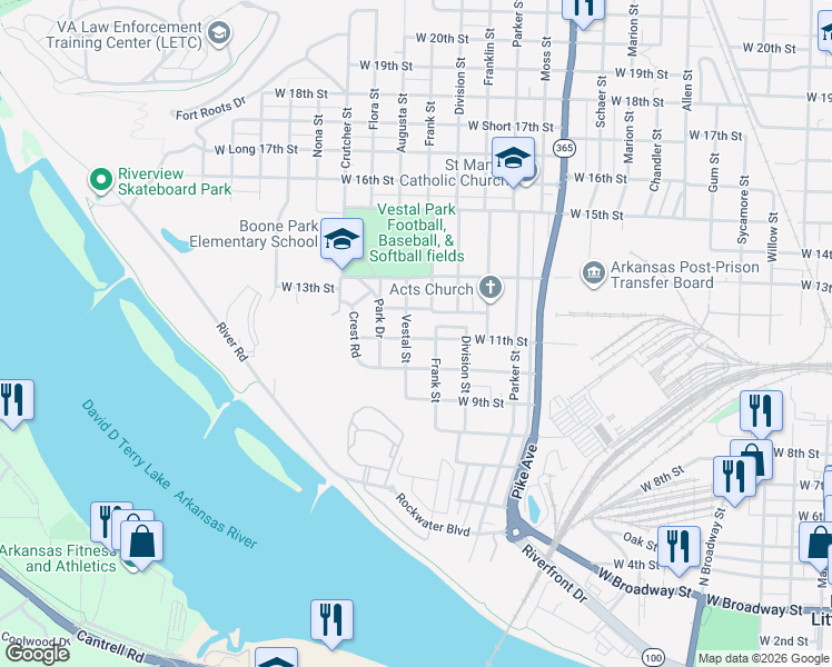 map of restaurants, bars, coffee shops, grocery stores, and more near 1508 West 12th Street in North Little Rock