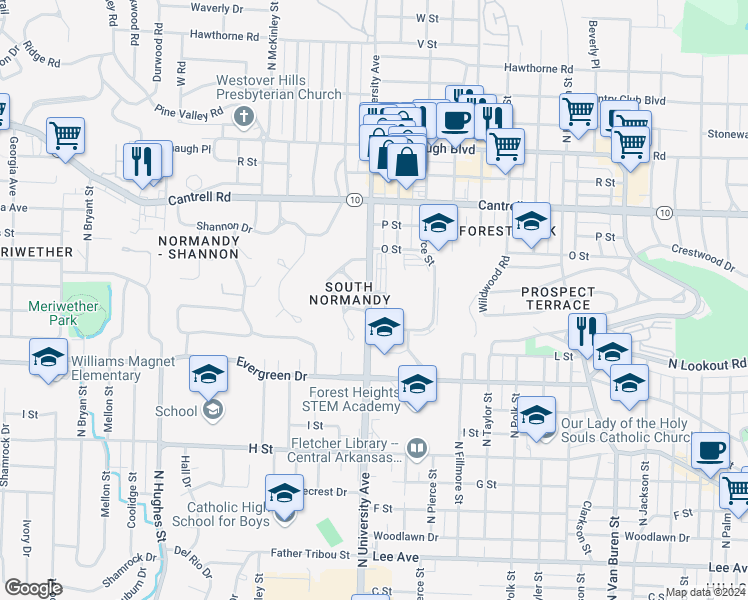 map of restaurants, bars, coffee shops, grocery stores, and more near 1501 North University Avenue in Little Rock