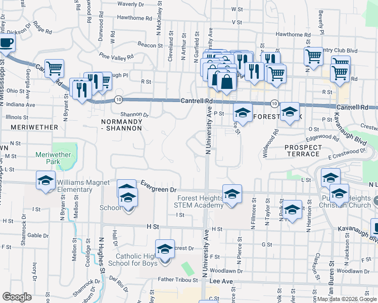 map of restaurants, bars, coffee shops, grocery stores, and more near 14 Lenon Drive in Little Rock