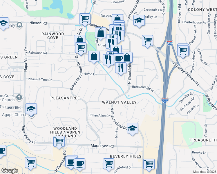 map of restaurants, bars, coffee shops, grocery stores, and more near 3 Innwood Circle in Little Rock