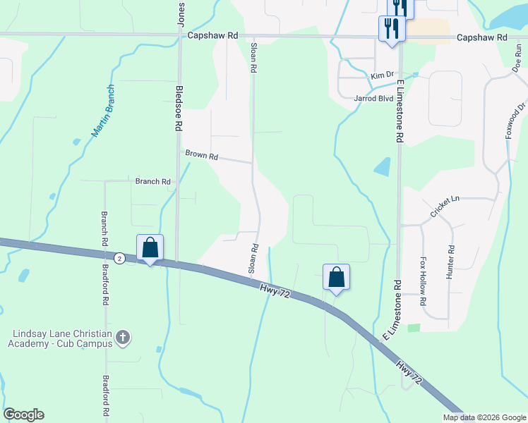 map of restaurants, bars, coffee shops, grocery stores, and more near 14432 Sloan Road in Athens