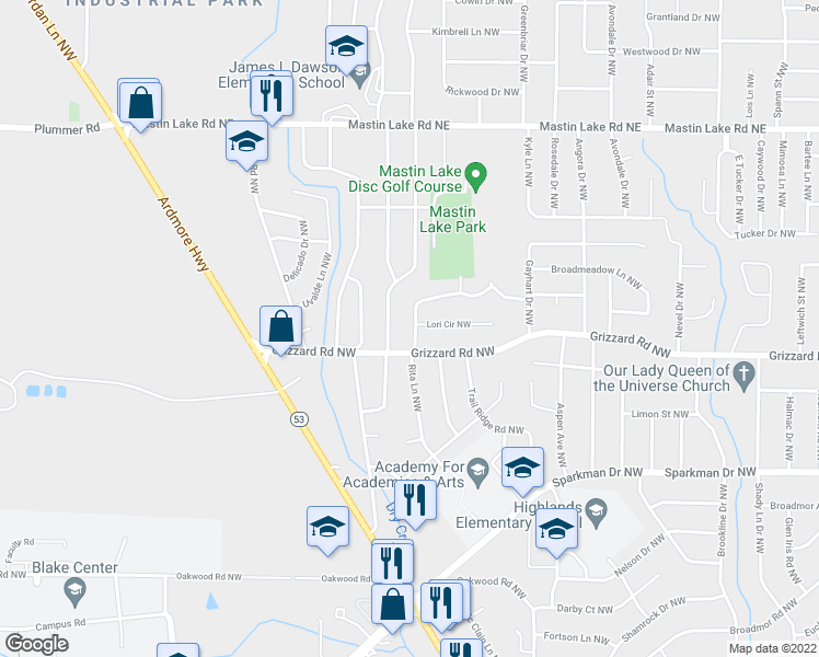 map of restaurants, bars, coffee shops, grocery stores, and more near 3105 Rita Lane Northwest in Huntsville