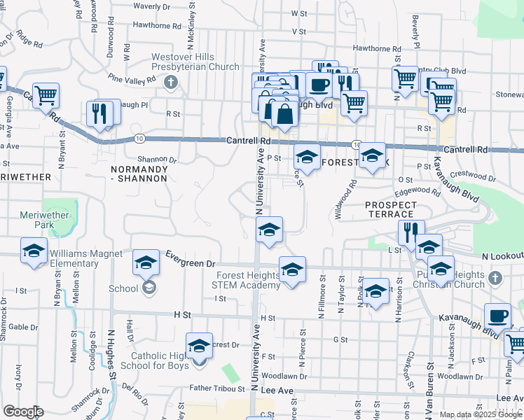map of restaurants, bars, coffee shops, grocery stores, and more near 1311 North University Avenue in Little Rock