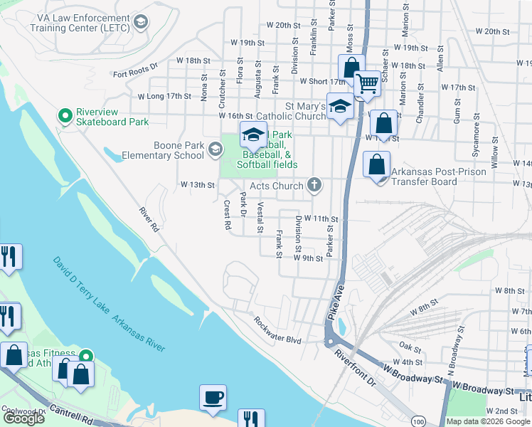 map of restaurants, bars, coffee shops, grocery stores, and more near 1508 West 12th Street in North Little Rock
