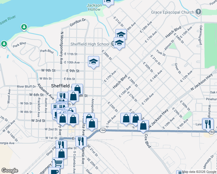 map of restaurants, bars, coffee shops, grocery stores, and more near 2600-2698 East 17th Avenue in Sheffield