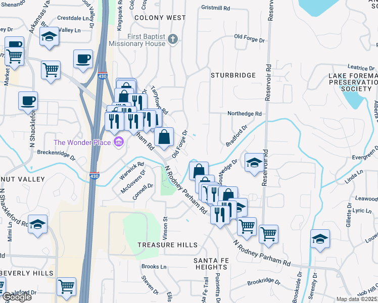 map of restaurants, bars, coffee shops, grocery stores, and more near 1400 Old Forge Drive in Little Rock