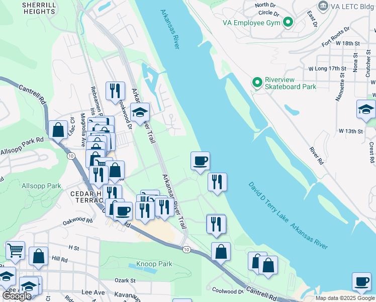map of restaurants, bars, coffee shops, grocery stores, and more near 1 Allied Drive in Little Rock