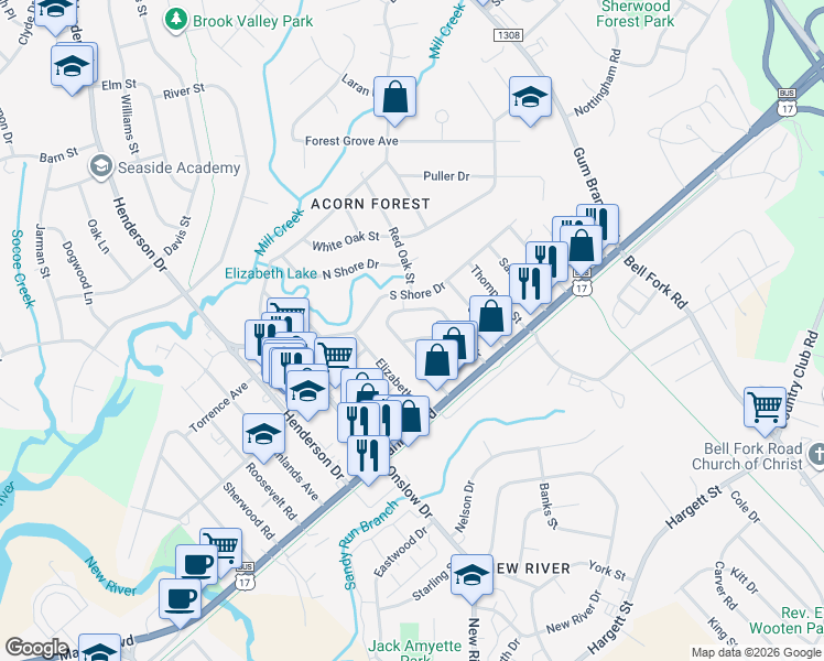 map of restaurants, bars, coffee shops, grocery stores, and more near 216 Zack Circle in Jacksonville