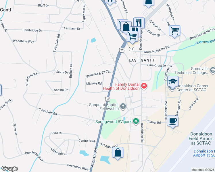 map of restaurants, bars, coffee shops, grocery stores, and more near 1 Augusta Road in Greenville