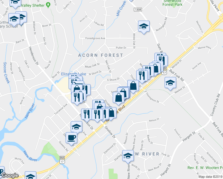 map of restaurants, bars, coffee shops, grocery stores, and more near 216 Zack Circle in Jacksonville