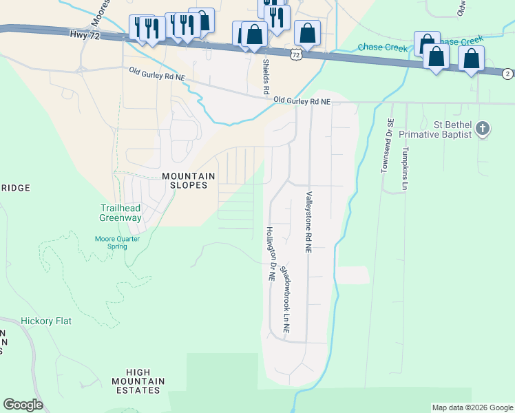 map of restaurants, bars, coffee shops, grocery stores, and more near 130 Hollington Drive Northeast in Huntsville